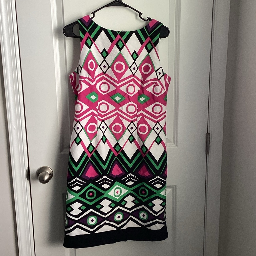 Leslie Fay Pink and Green Geometric Midi Dress 8